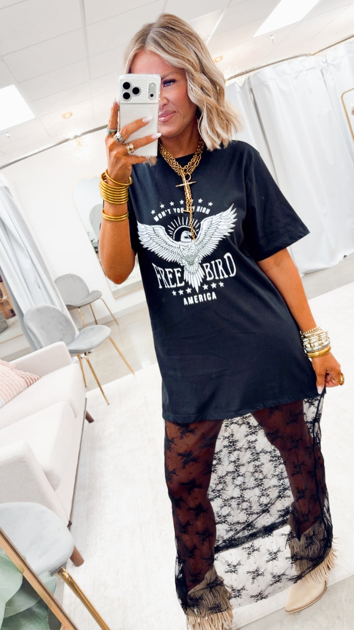Free Bird America Floral Lace T-Shirt Dress-Black