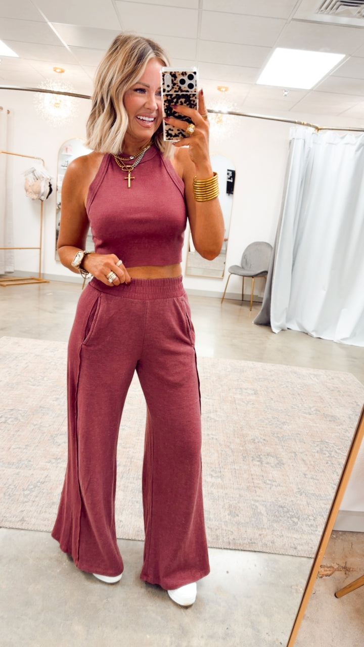 Harlow Halter Neck Crop Top & Pants Set-Wine