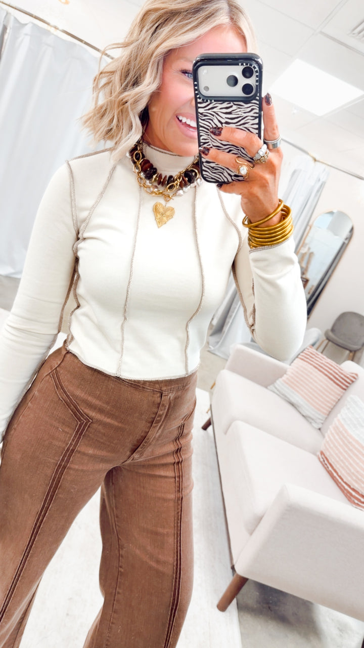 Vera Mock Neck Crop Top-Beige