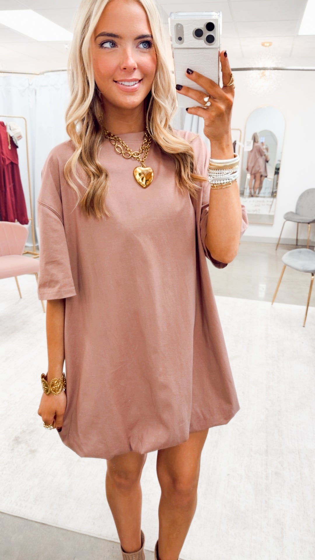 Bubble Hem T-shirt Dress-Mocha