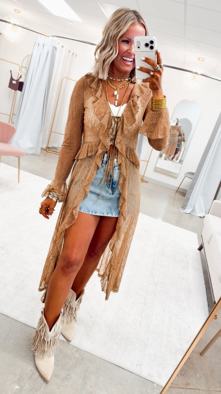 Sheer Lace Ruffle Duster-Mocha