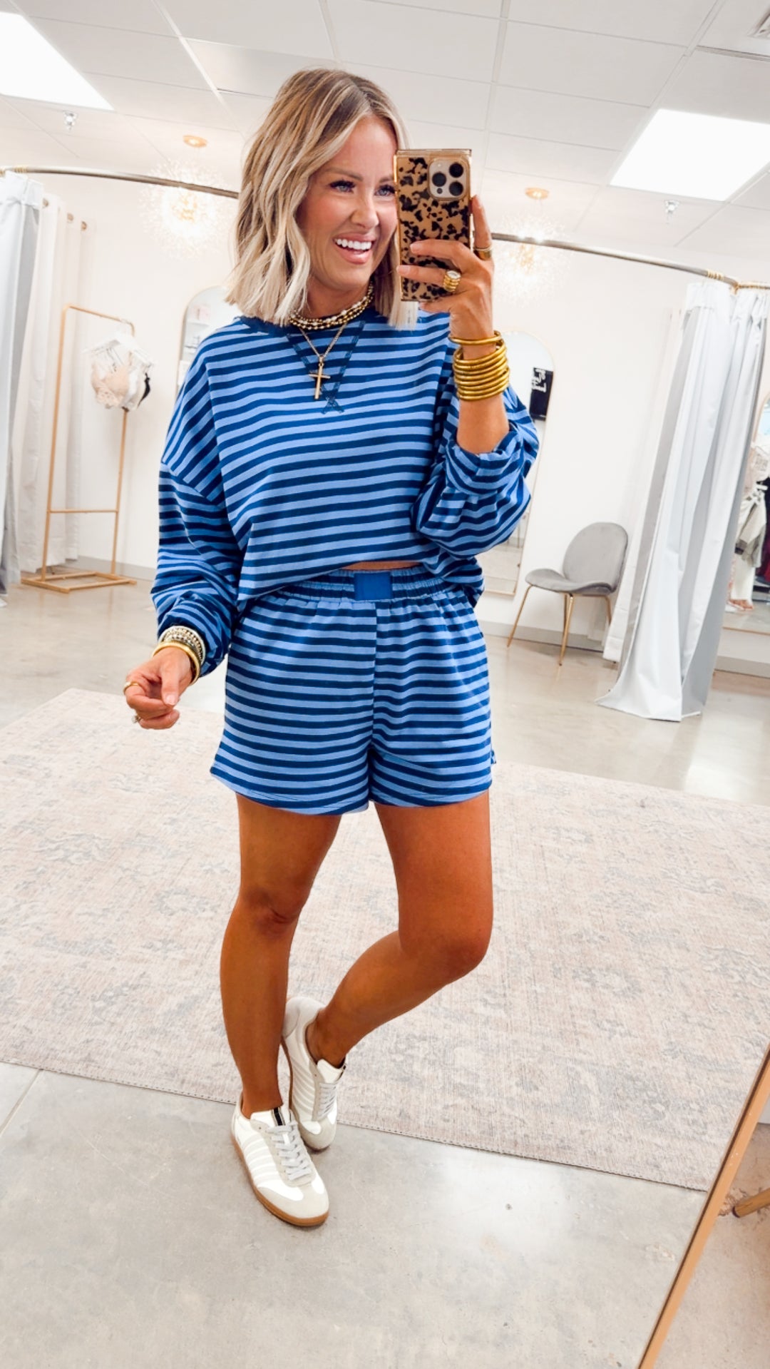 Lennon Stripe Shorts Set-Navy/Blue