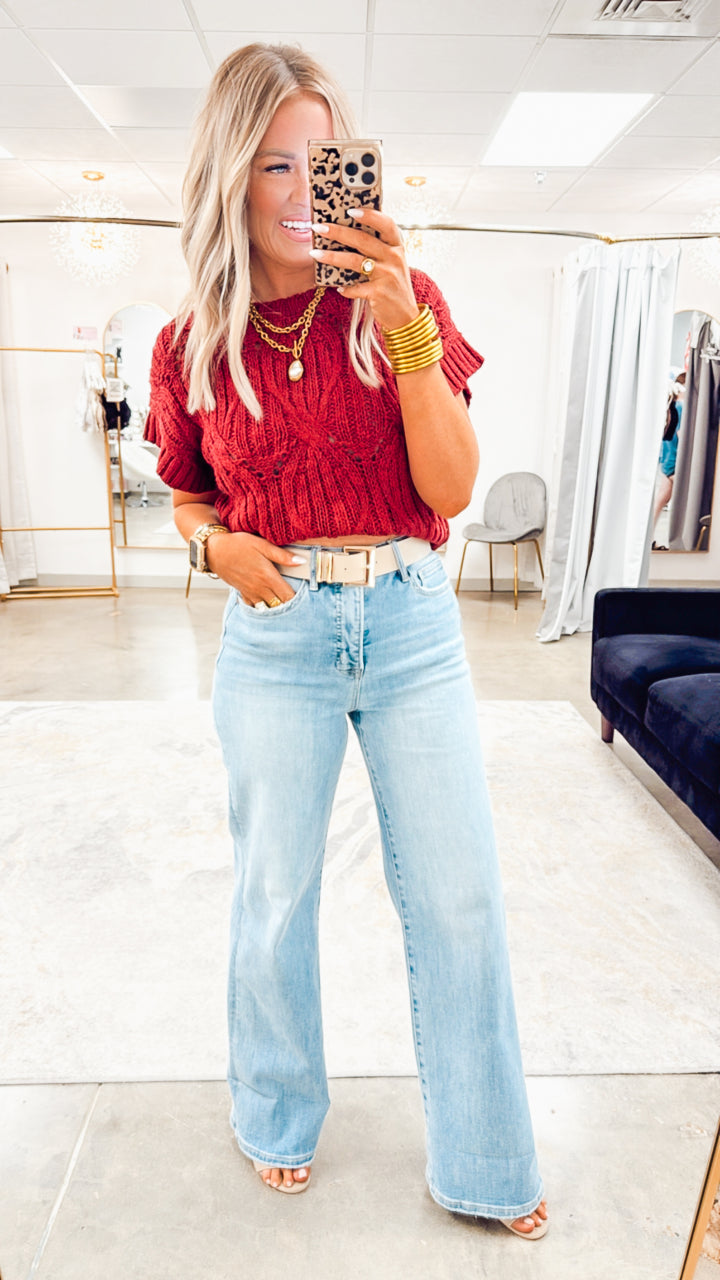 Cable Knit Sweater Top-Wine