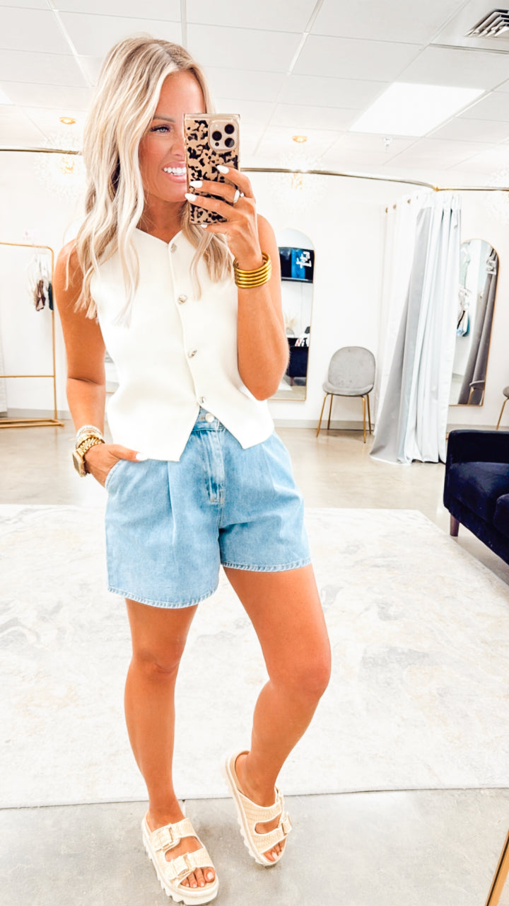 Livy Pleated Denim Shorts