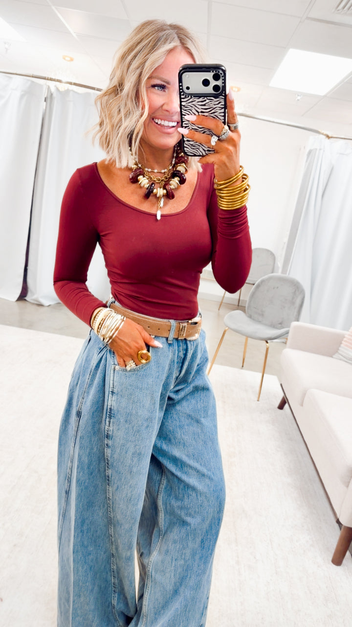 Basic Long Sleeve Scoop Neck Top-Burgundy