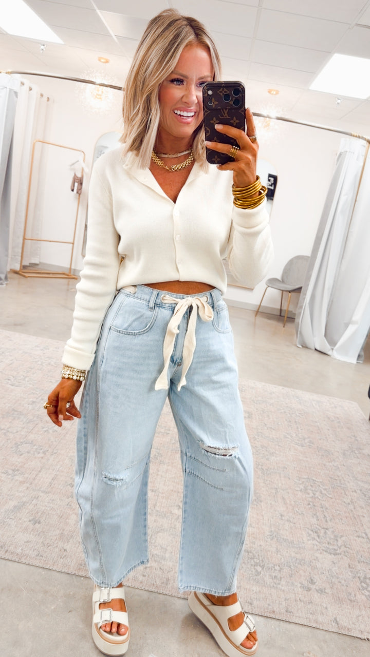 Emmie Eyelet Belted Barrel Jeans