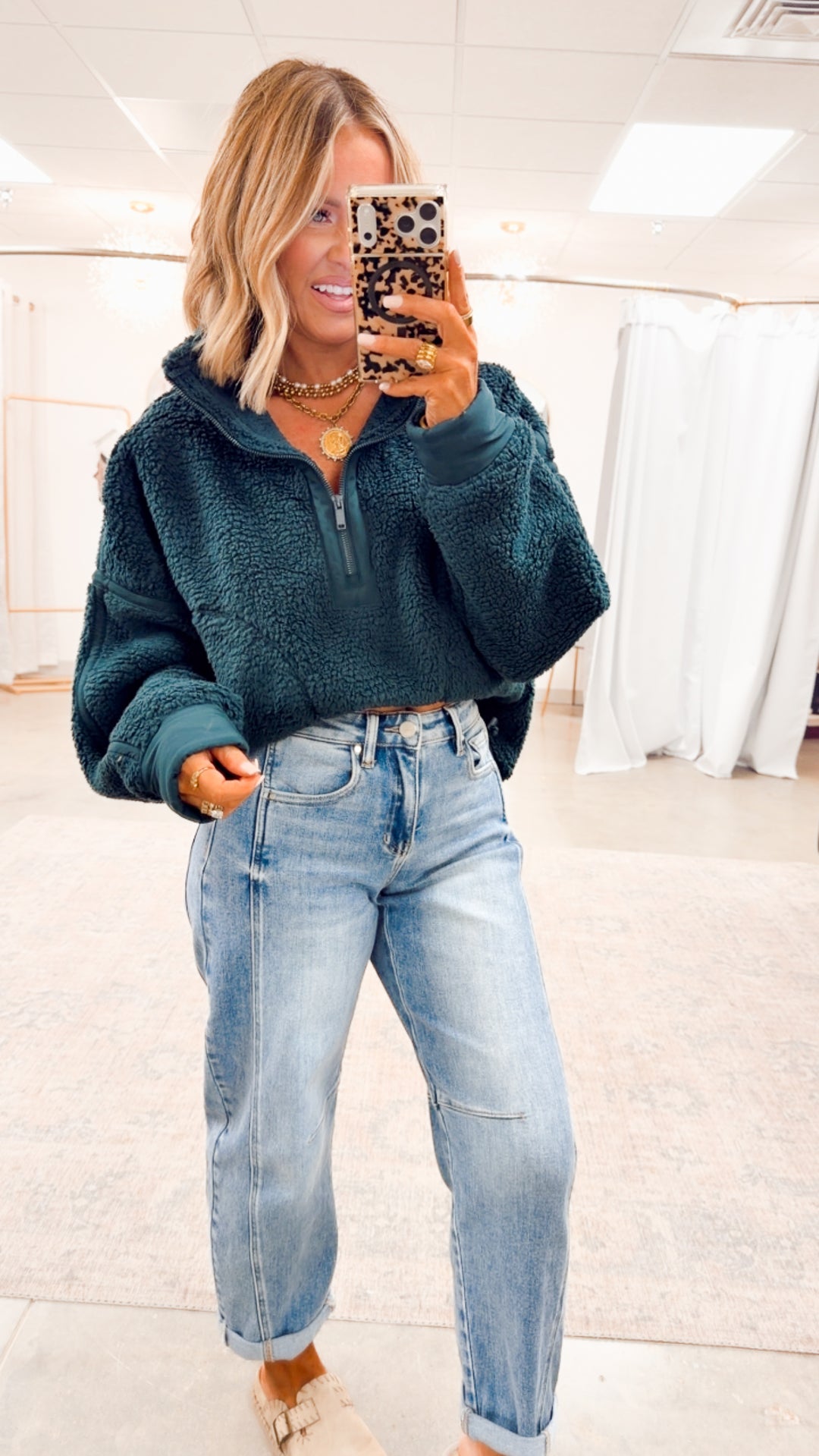 Sherpa Mock Neck Quarter Zip Jacket-Dk Green