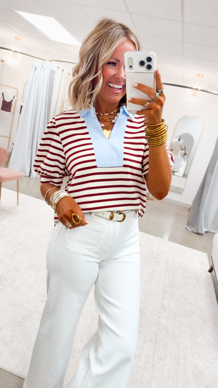 The Charlotte Stripe Top-Maroon