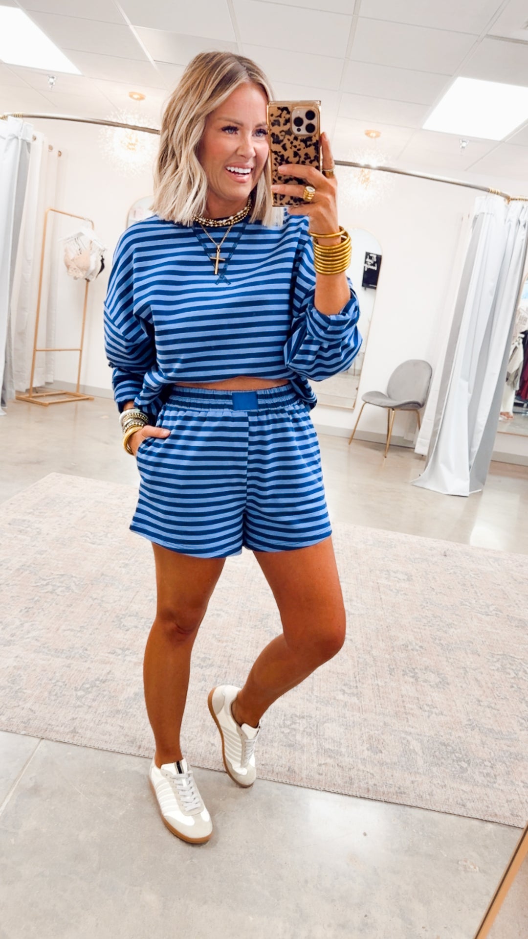 Lennon Stripe Shorts Set-Navy/Blue