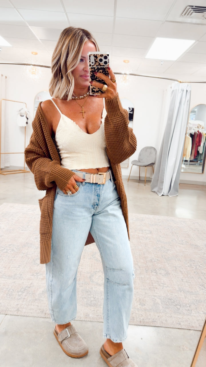 Deep Camel Waffle Weave Cardigan
