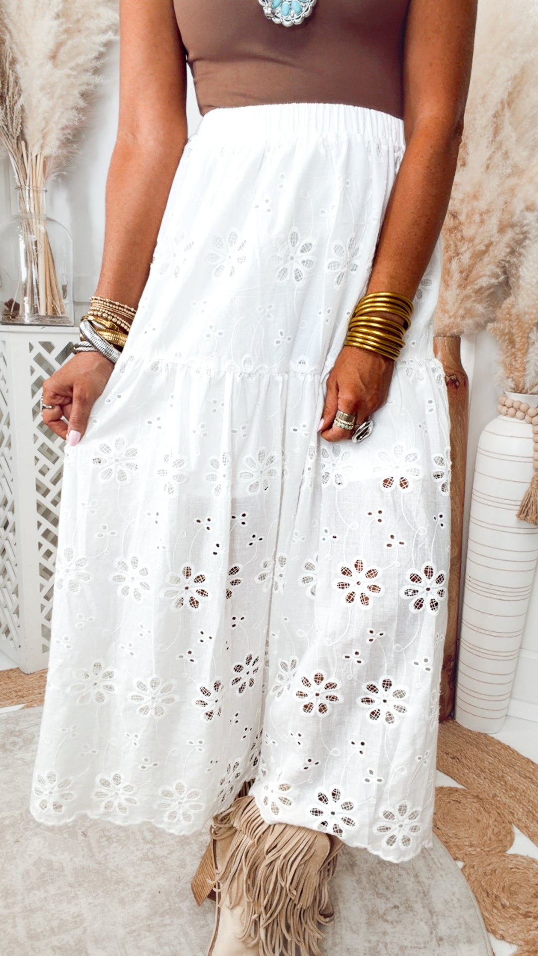 Raeyn Eyelet Tiered Midi Skirt