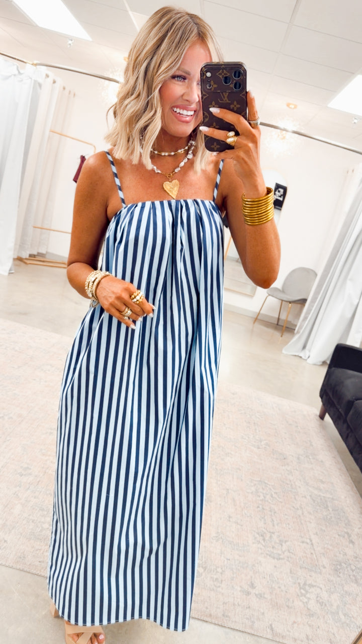 The Brine Stripe Midi Dress-Blue/Navy