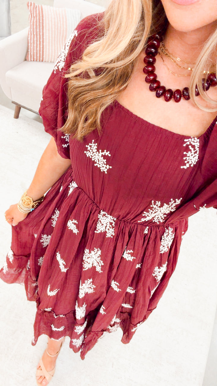 The Cascade Charm Midi Dress-Wine