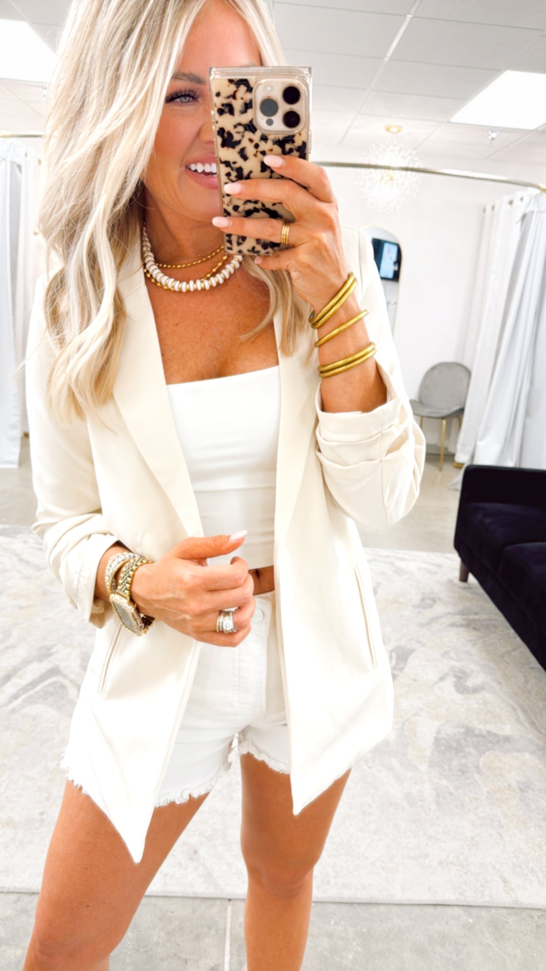 The Modern Ruched Sleeve Blazer-Cream