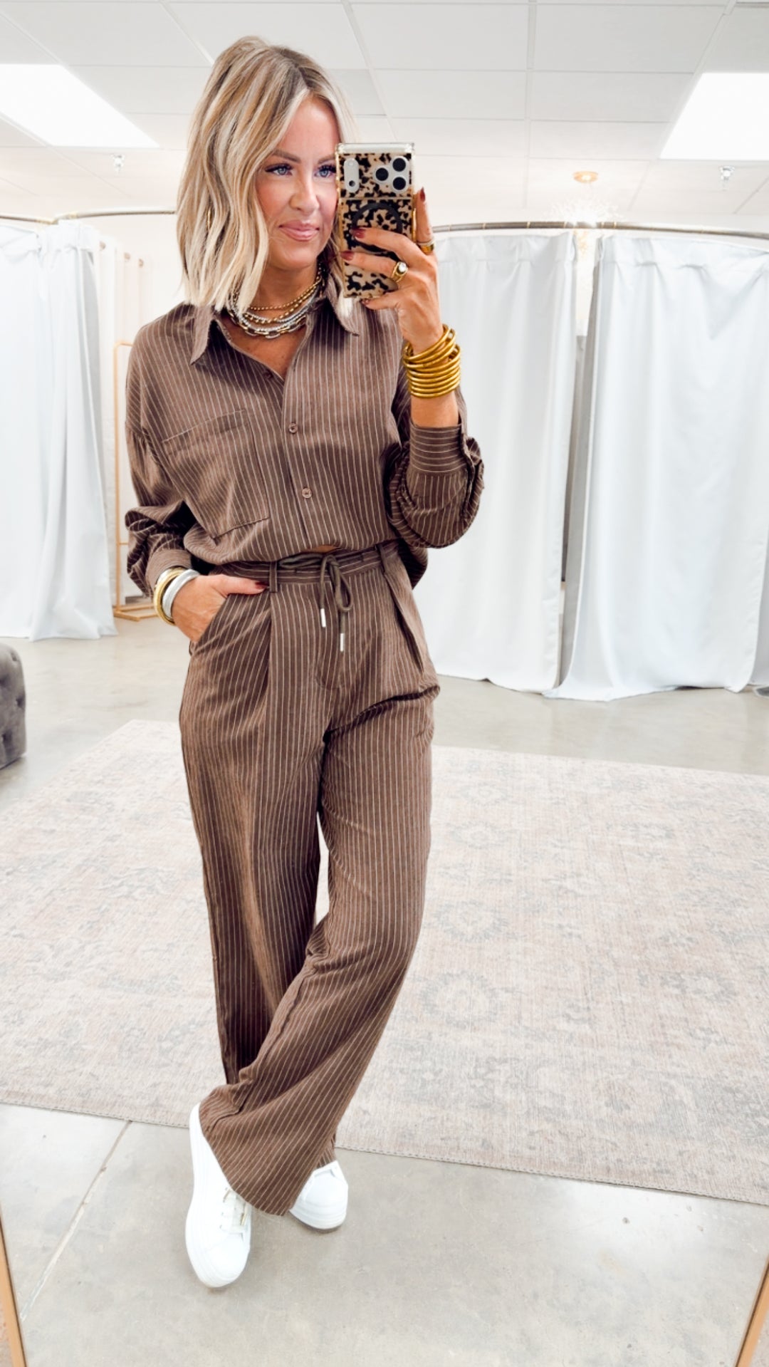 Lexi Pinstripe Top & Pants Set-Brown