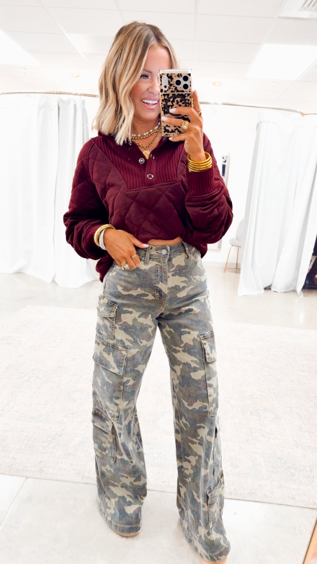 Quilted Snap Pullover-Dk Cherry