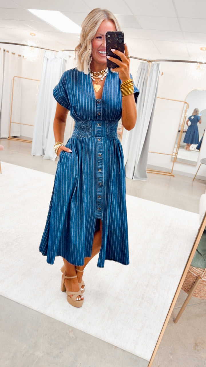 The Della Pinstripe Midi Dress