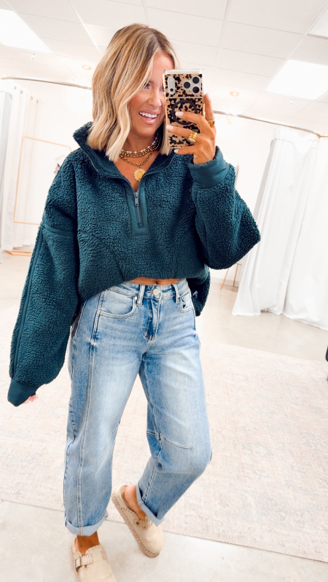 Sherpa Mock Neck Quarter Zip Jacket-Dk Green