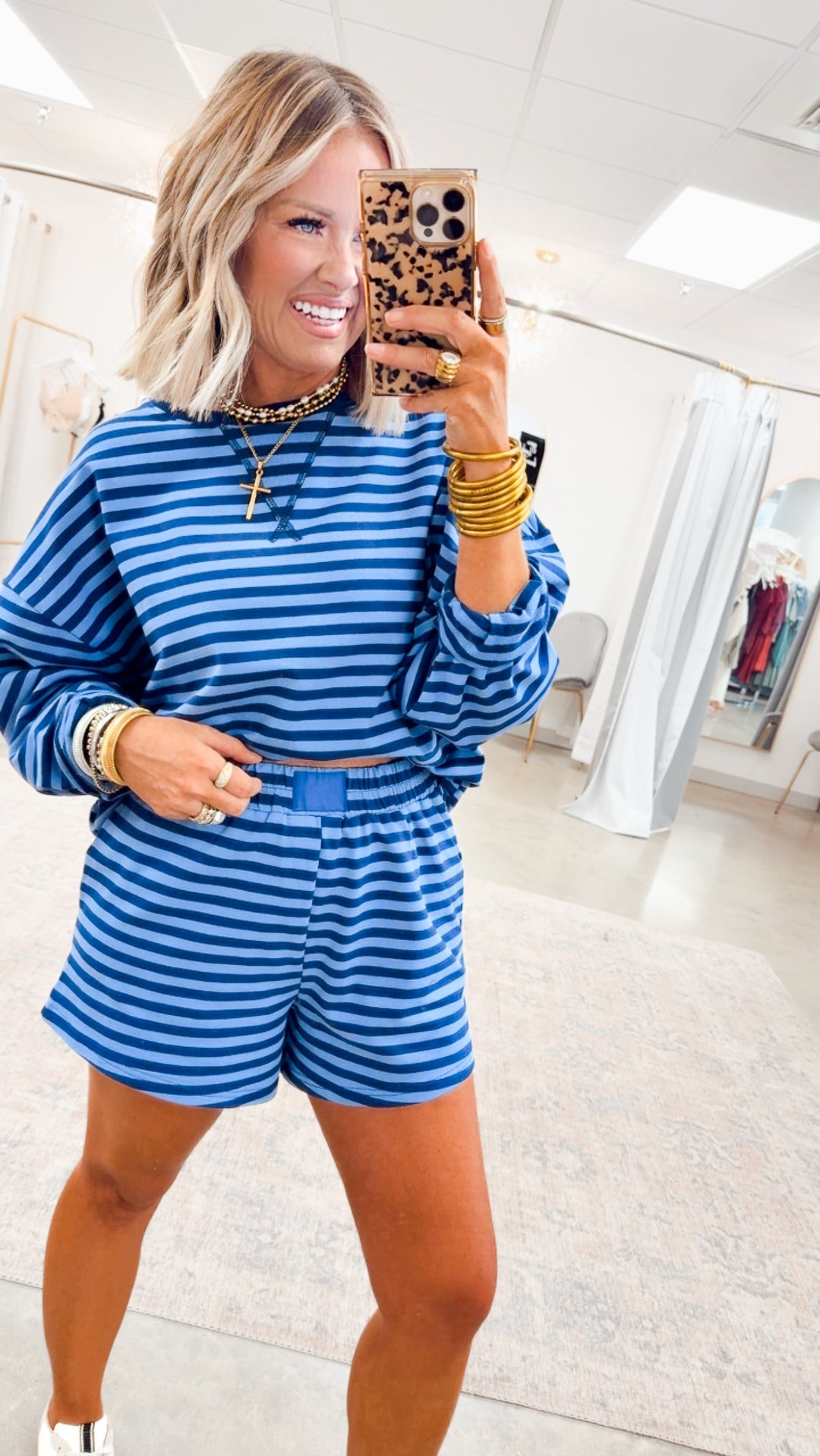 Lennon Stripe Shorts Set-Navy/Blue