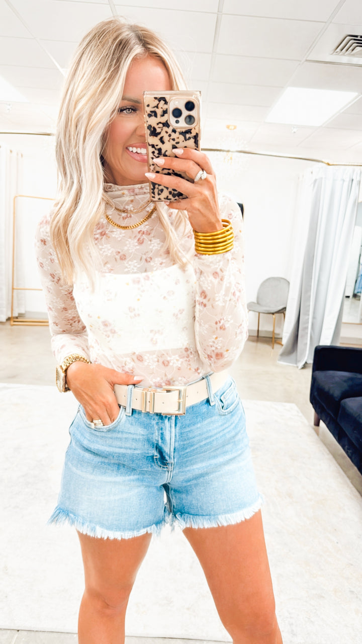 Floral Mesh Turtle Neck Top-Indian Pink