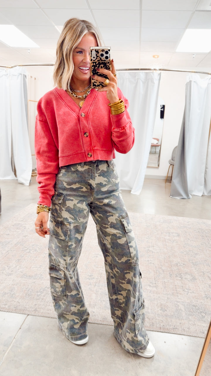 Camo Couture-High Rise Cargo Jeans