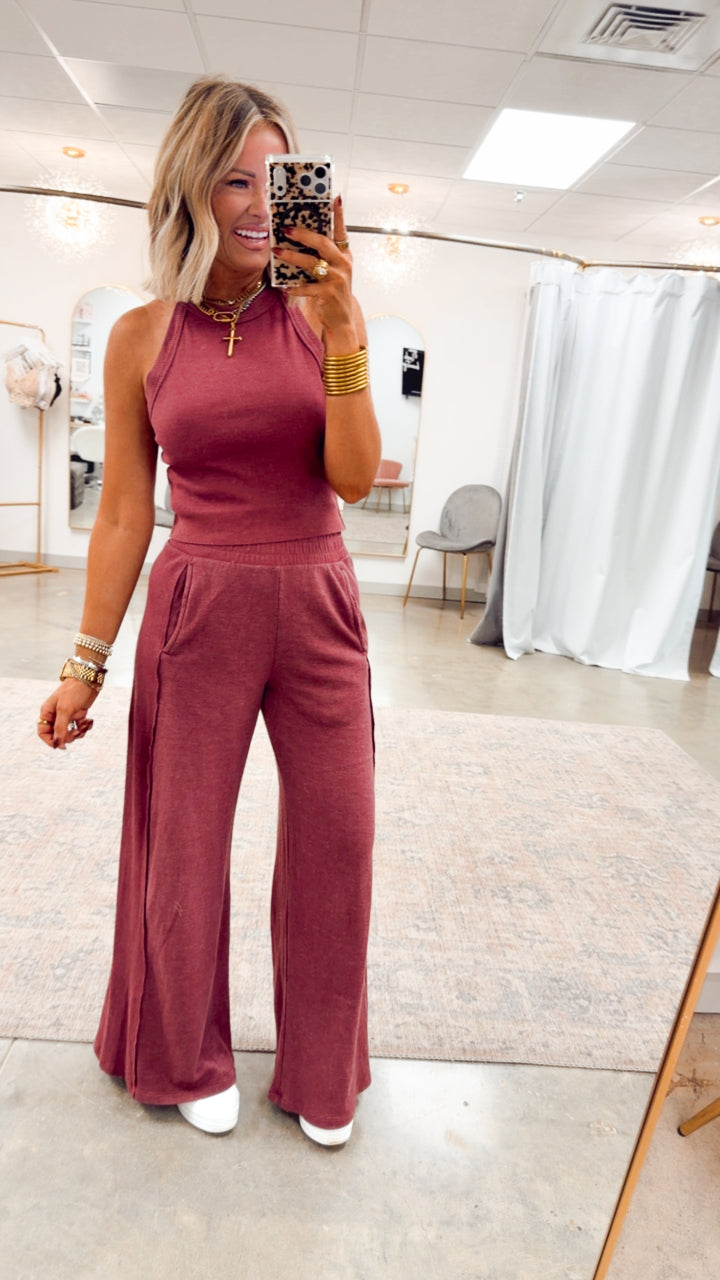 Harlow Halter Neck Crop Top & Pants Set-Wine