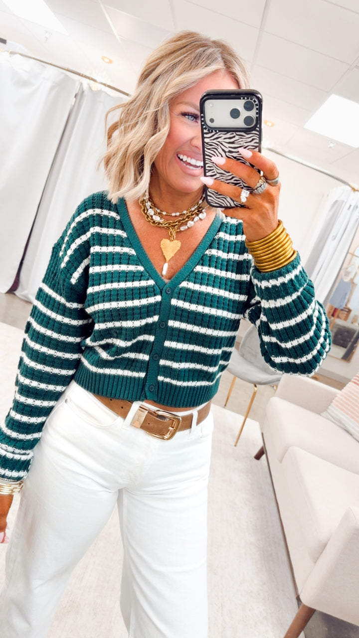 Harbor Striped Cardigan Top-Green/White