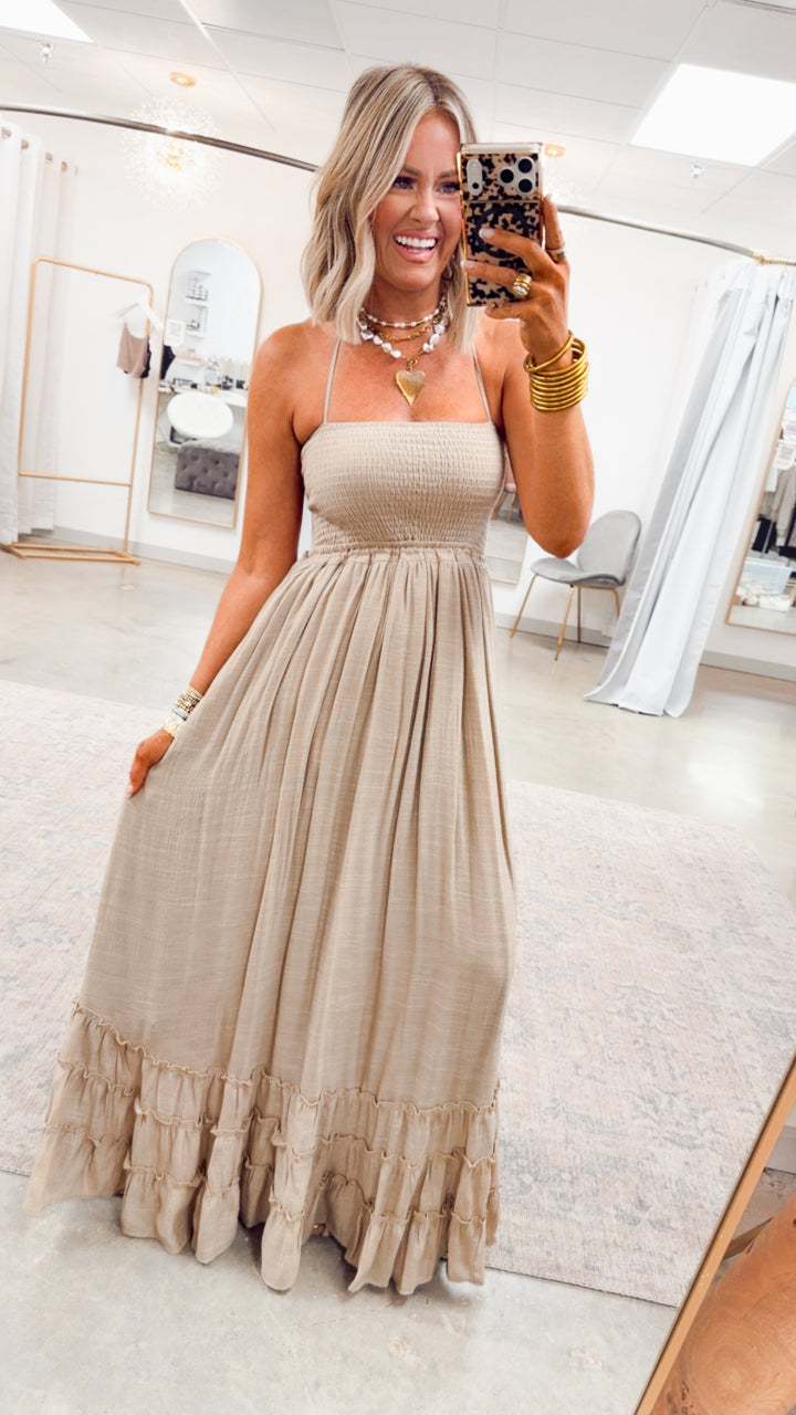 Viviana Smocked Halter Maxi Dress-Taupe