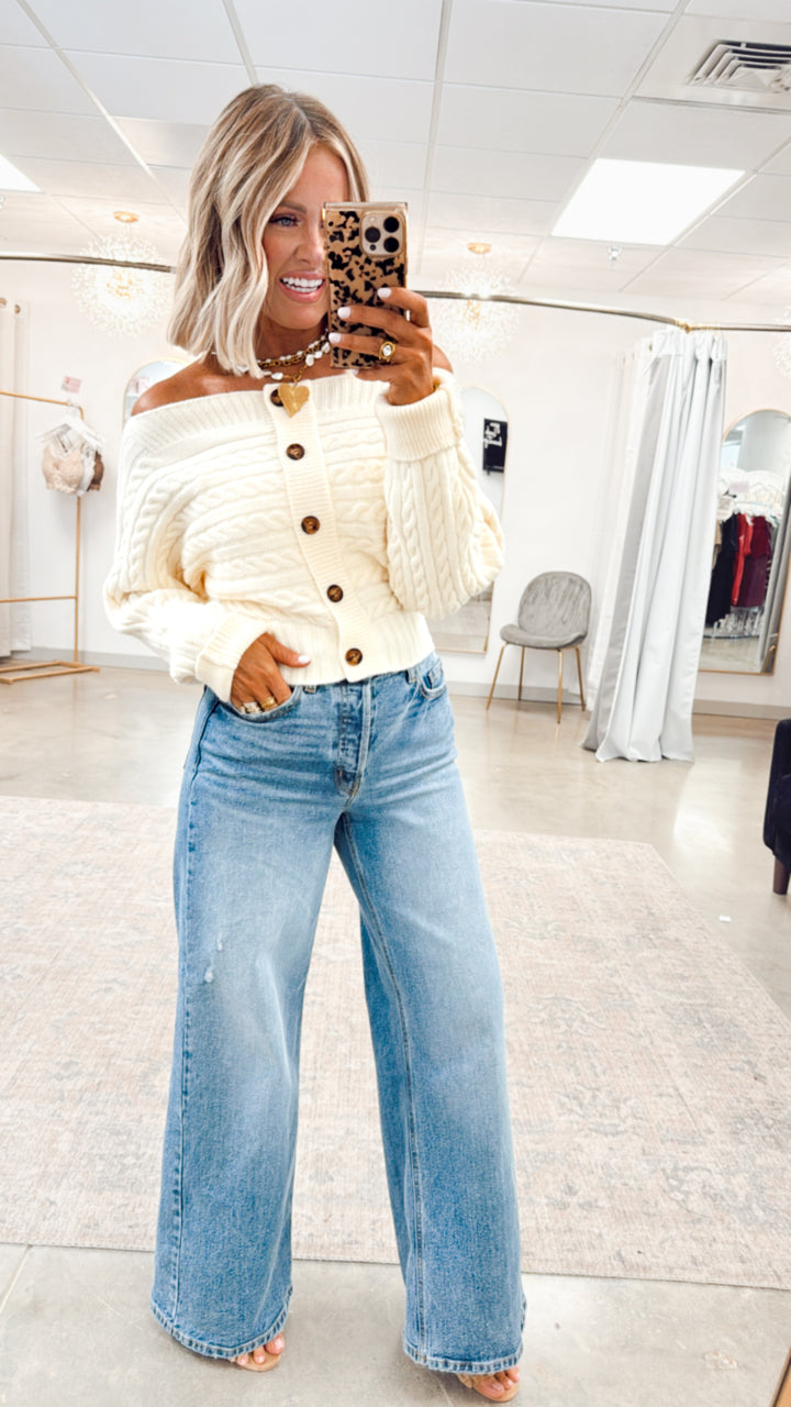 Off Shoulder Sweater Top-Ivory