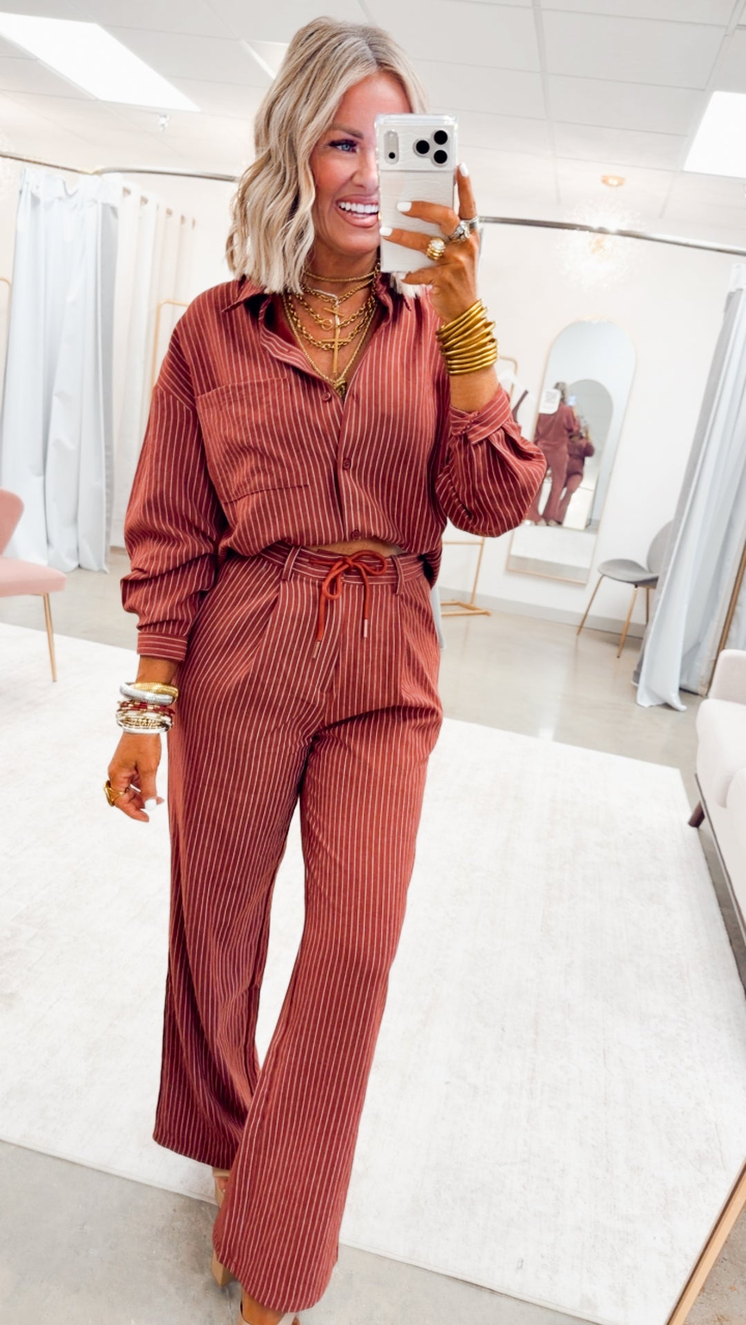 Lexi Pinstripe Top & Pants Set-Burgundy