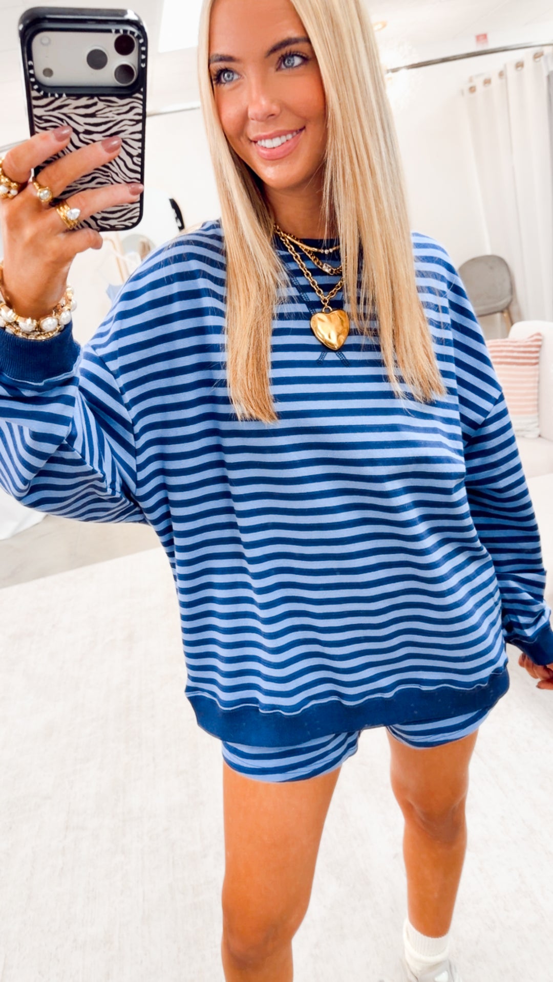 Lennon Stripe Shorts Set-Navy/Blue