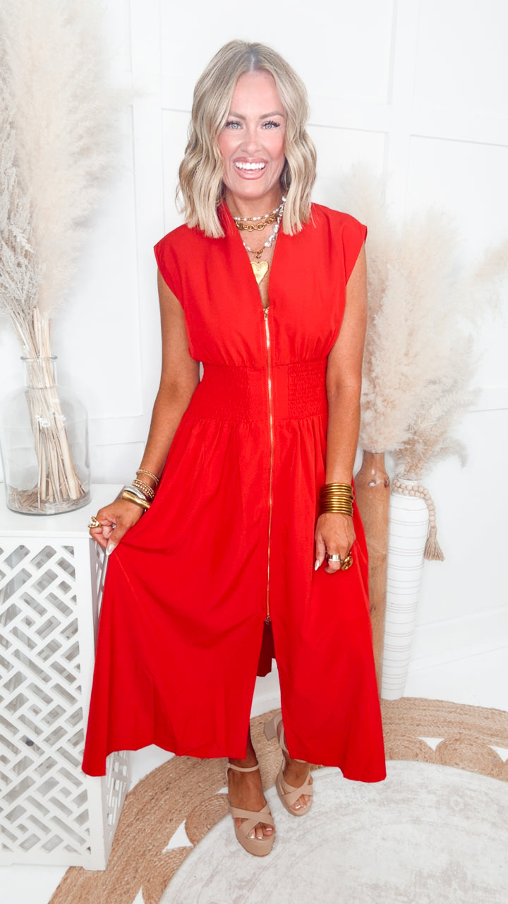 The Aveline Smocked Midi Dress-Red