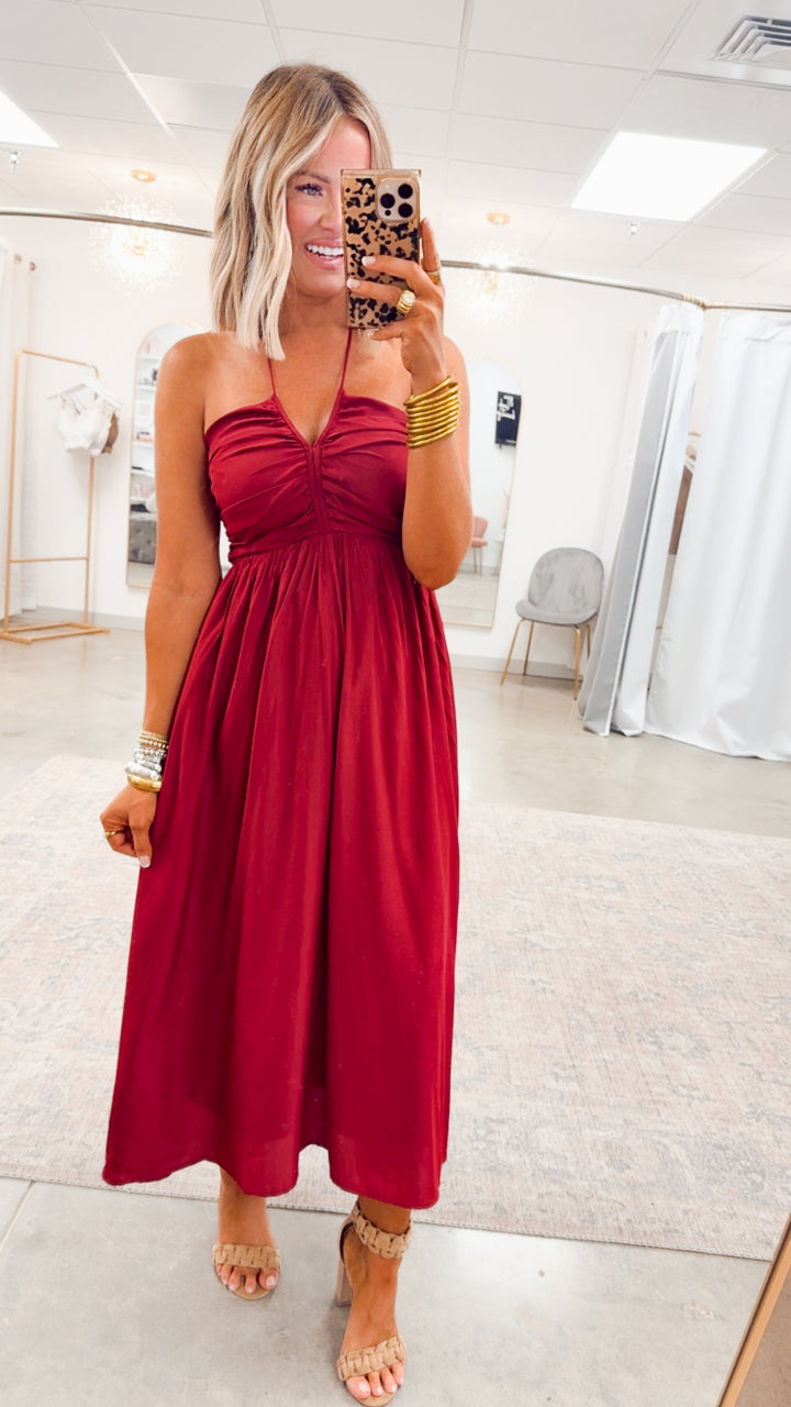 Anastasia Smocked Back Midi Dress-Wine