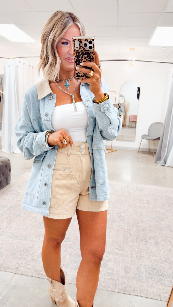 Quilted High Waist Shorts-Washed Sand
