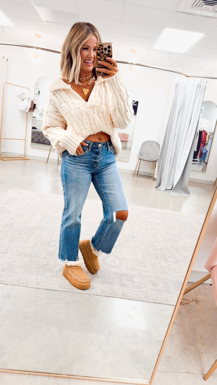 Cozy Collared Sweater Top-Cream