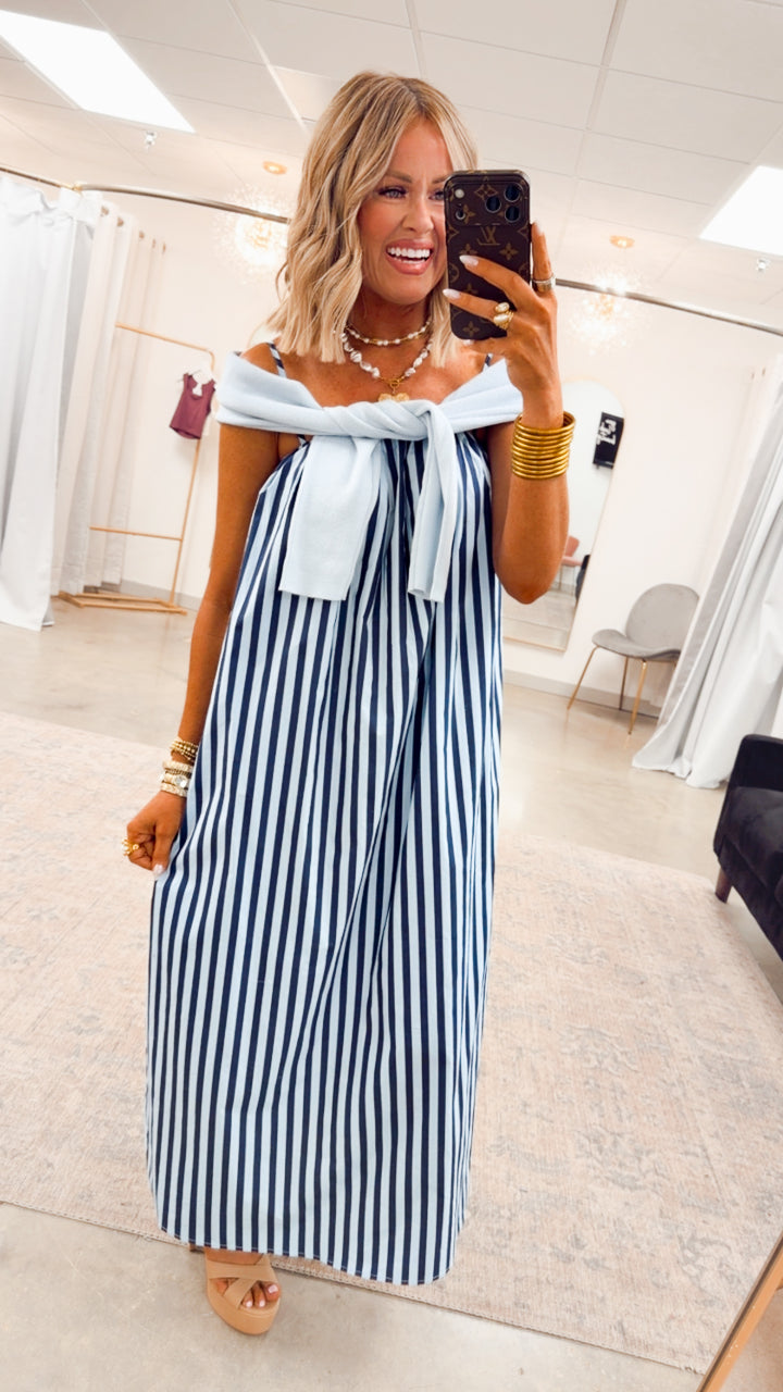 The Brine Stripe Midi Dress-Blue/Navy