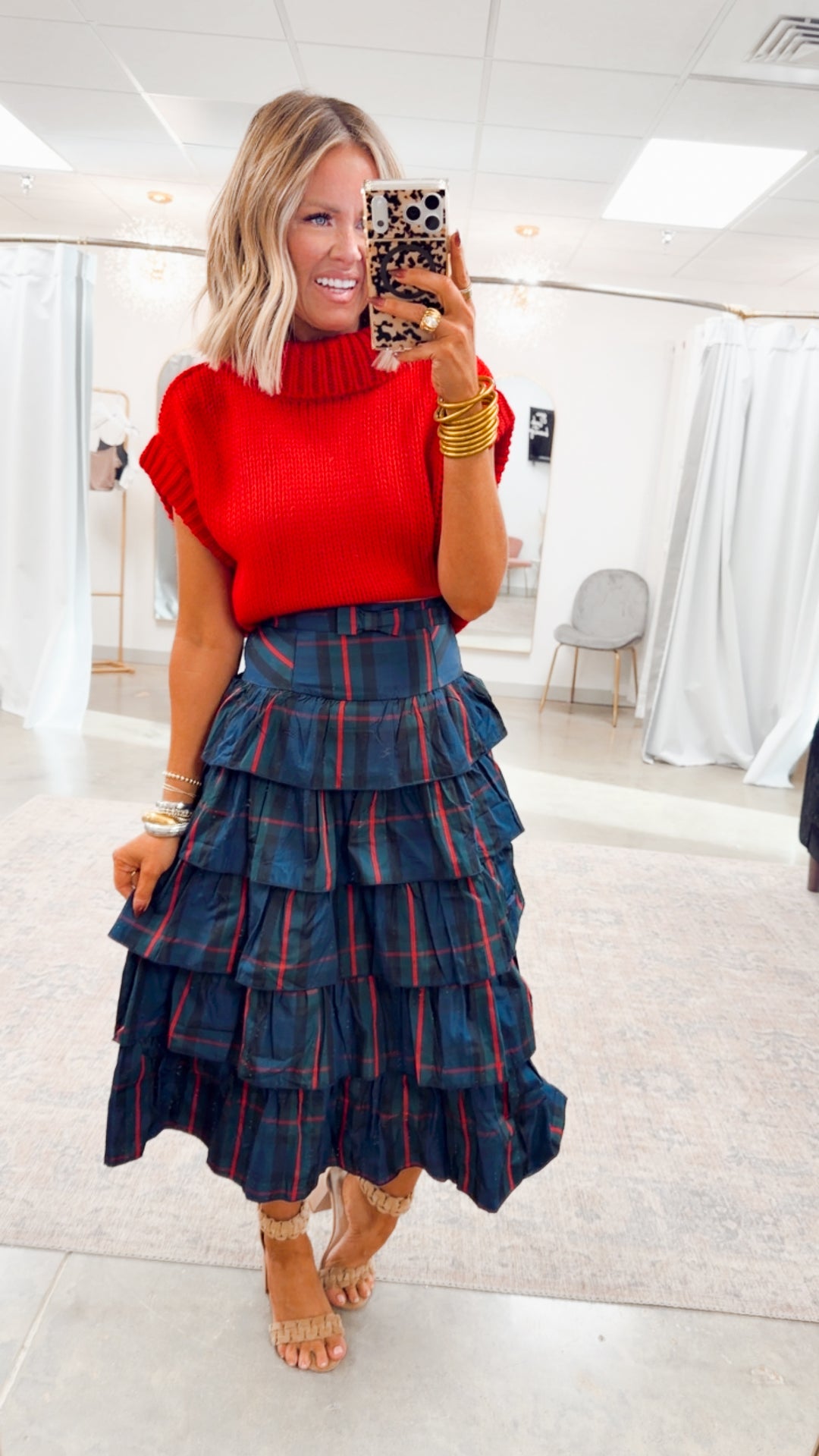 Holiday Checkered Tiered Midi Skirt