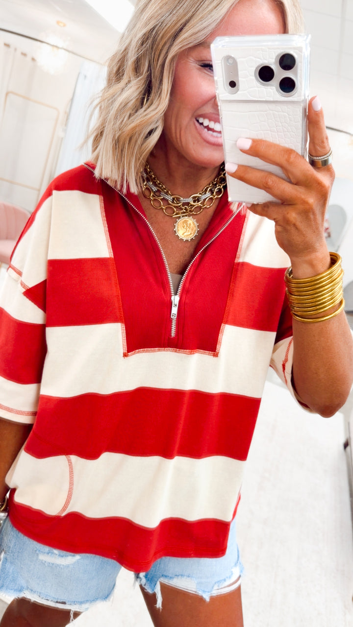 The Collins Half Zip Top-Red/Cream