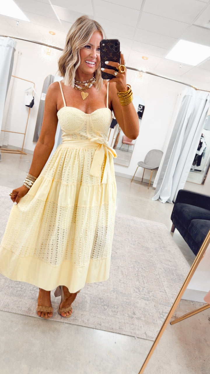 The Sunshine Lace Midi-Lemon Yellow