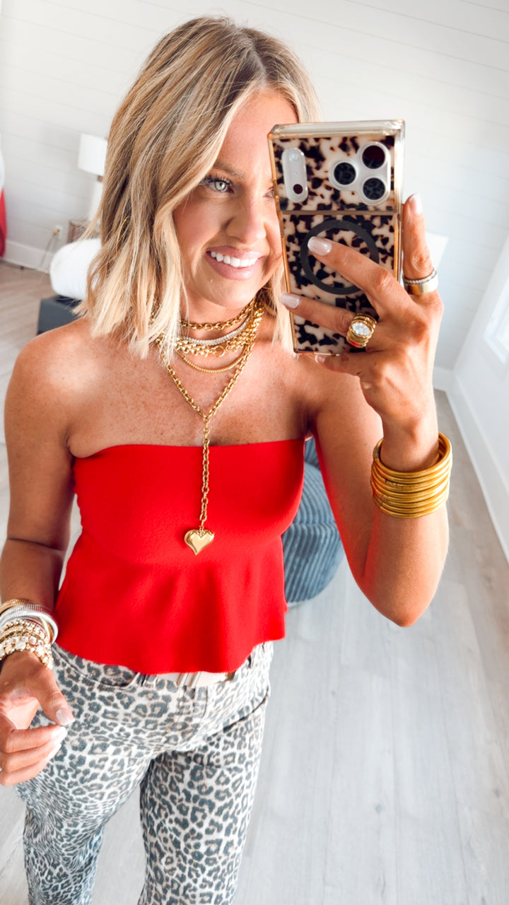 Ellie Strapless Knit Peplum Top-Red