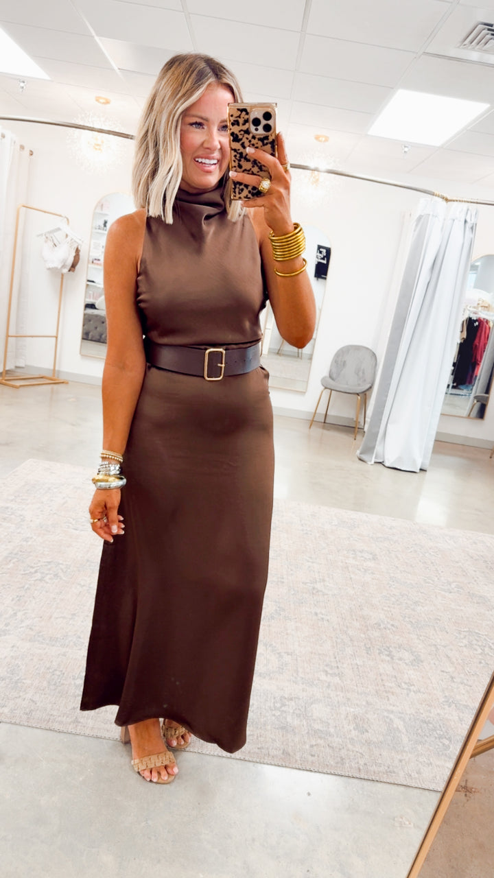 Halo High Neck Midi Dress-Brown