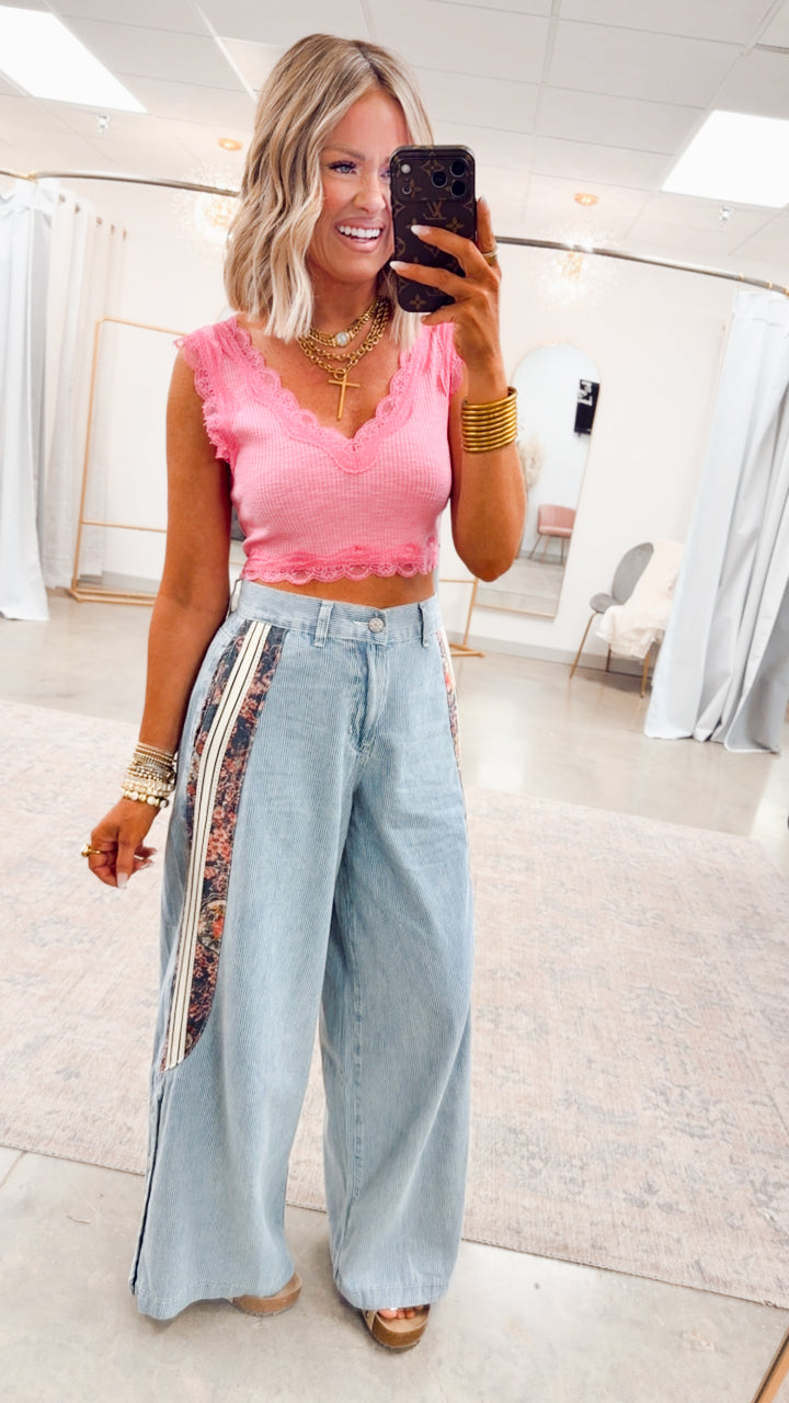 Noa Lace Crop Tank-Fuchsia