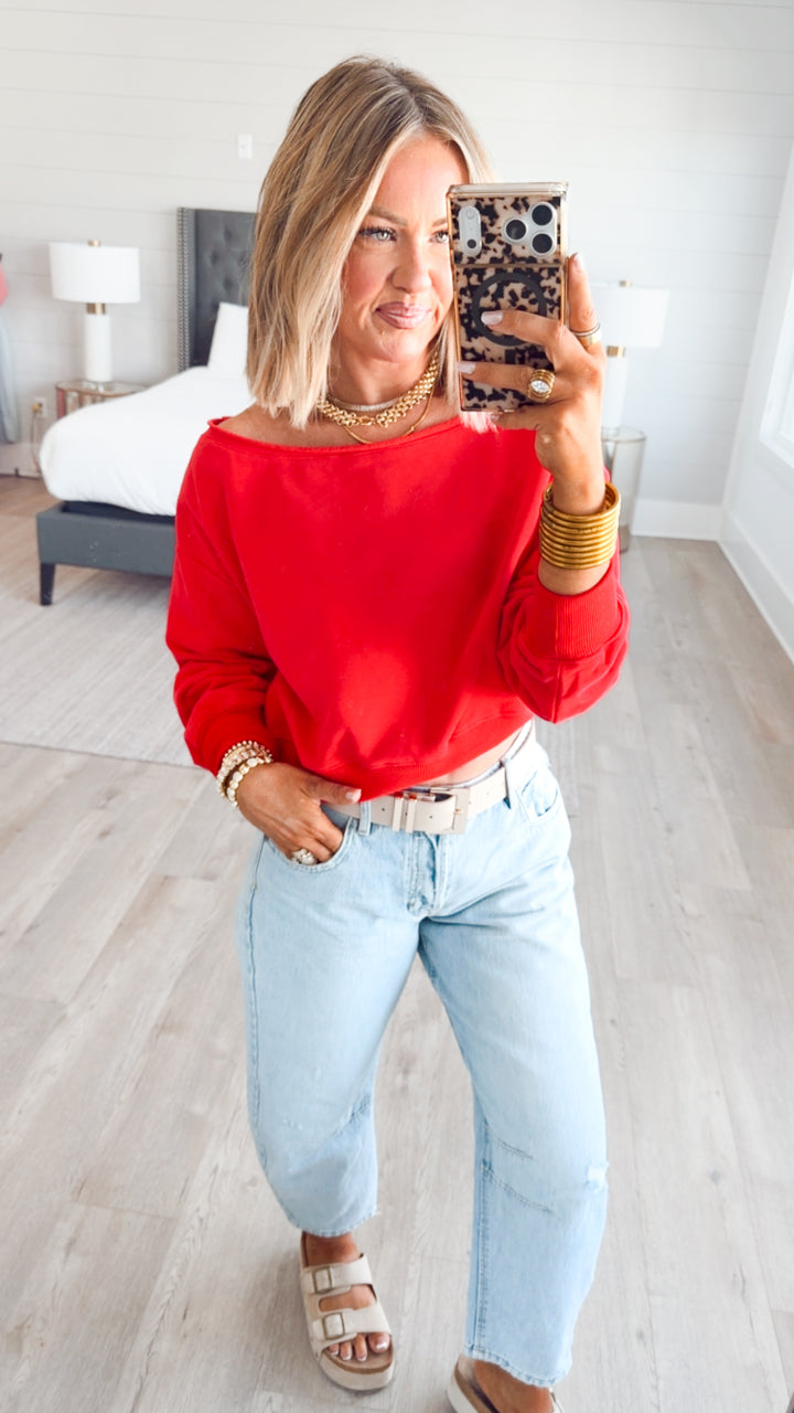 Alina Off Shoulder Sweatshirt-Red