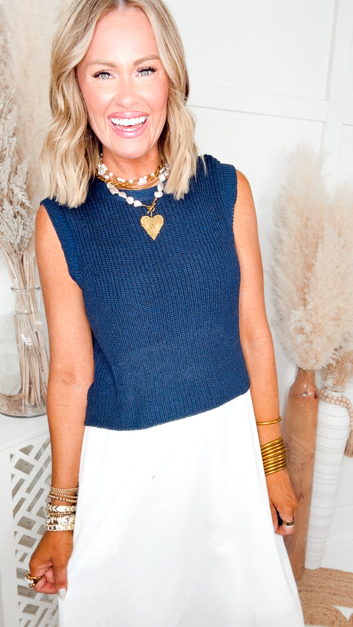 The Laurel Contrast Midi Dress-Navy