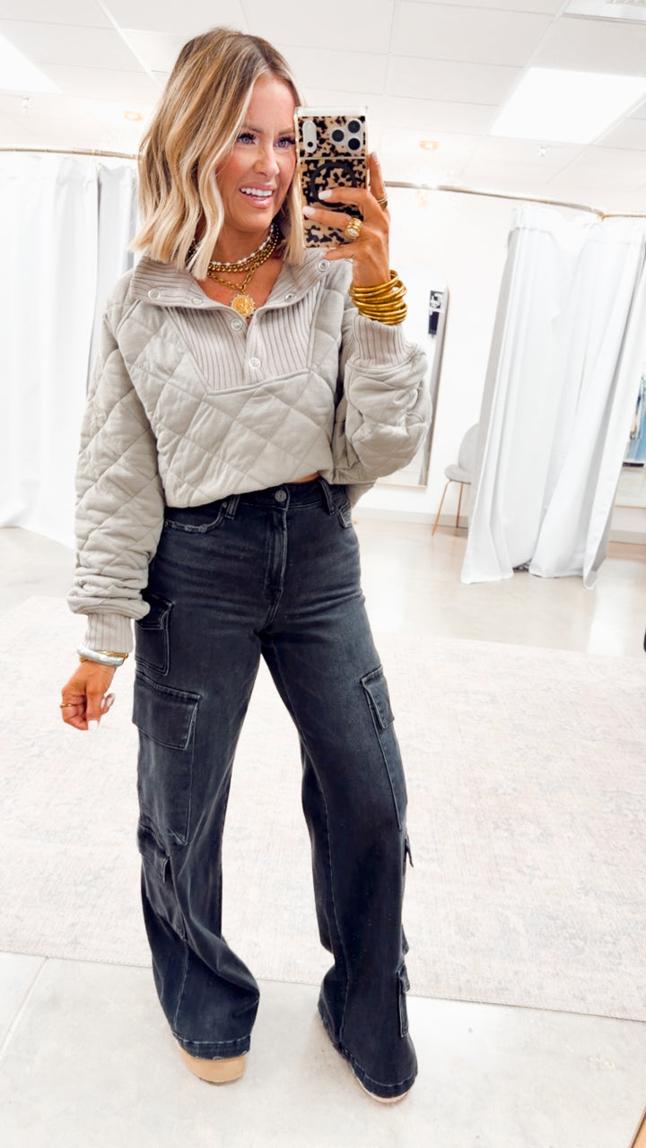 Quilted Snap Pullover-Stone Taupe