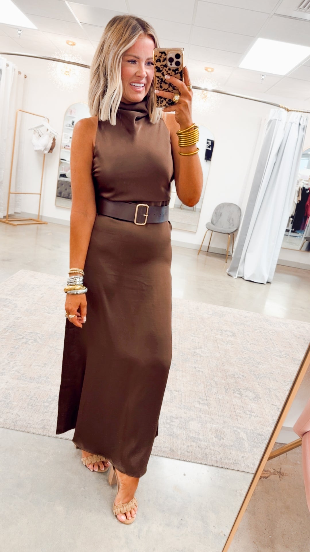 Halo High Neck Midi Dress-Brown