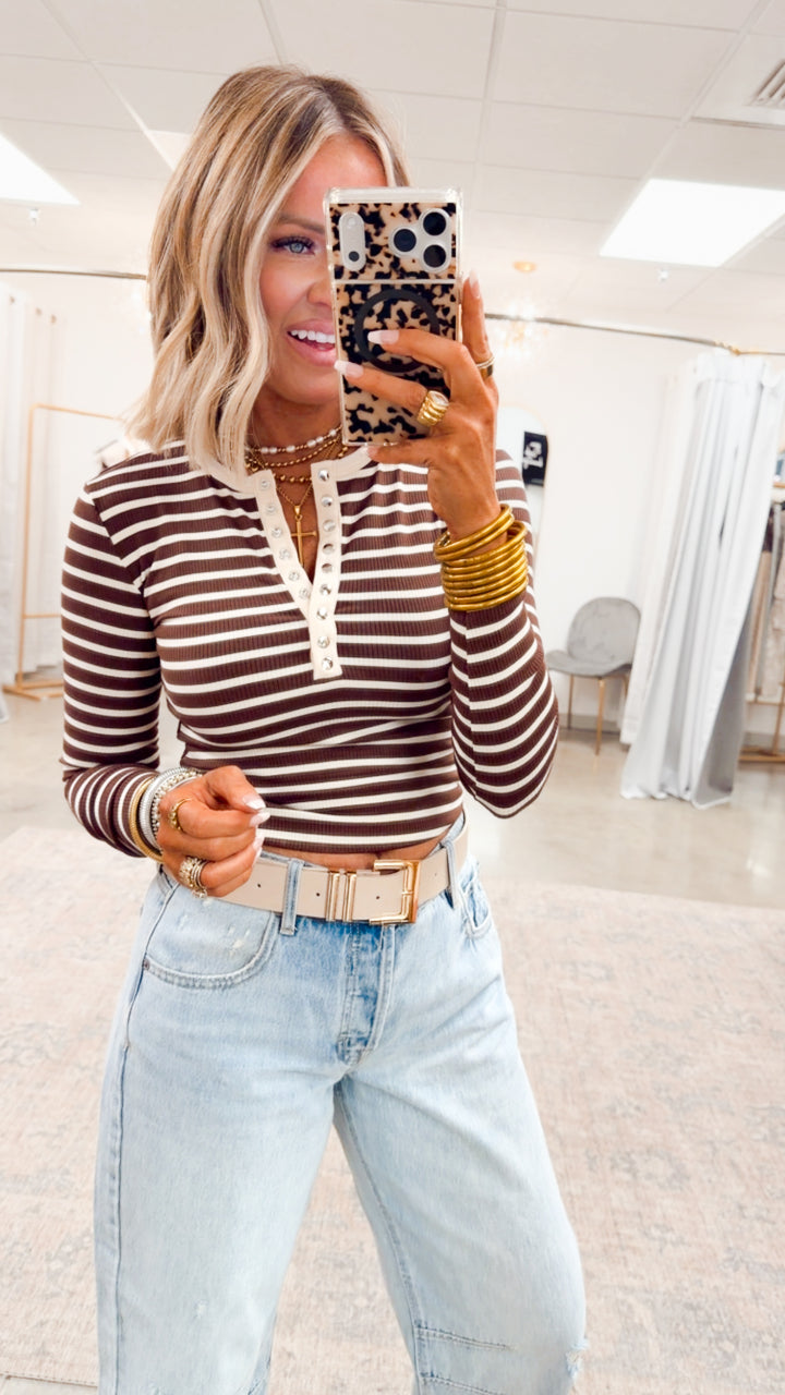 Henley Snap Button Top-Chocolate