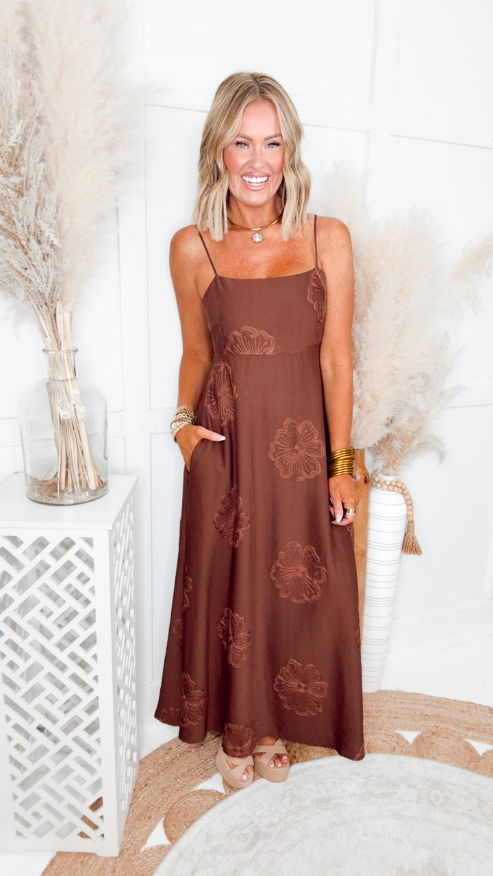 The Embroidered Petal Midi Dress-Mocha