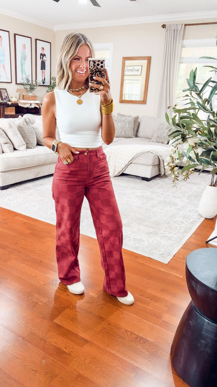 The Checkmate Cutie Jeans-Burgundy