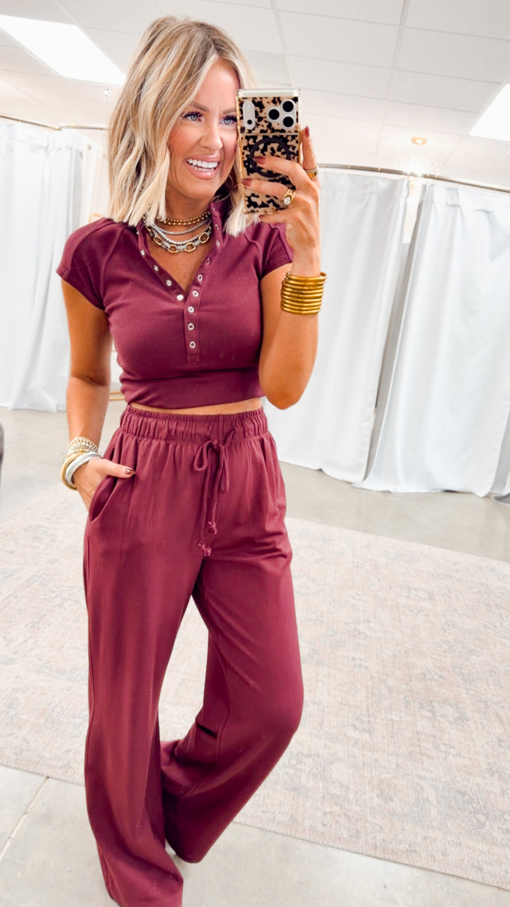 Evie Raglan Top & Pant Set-Wine